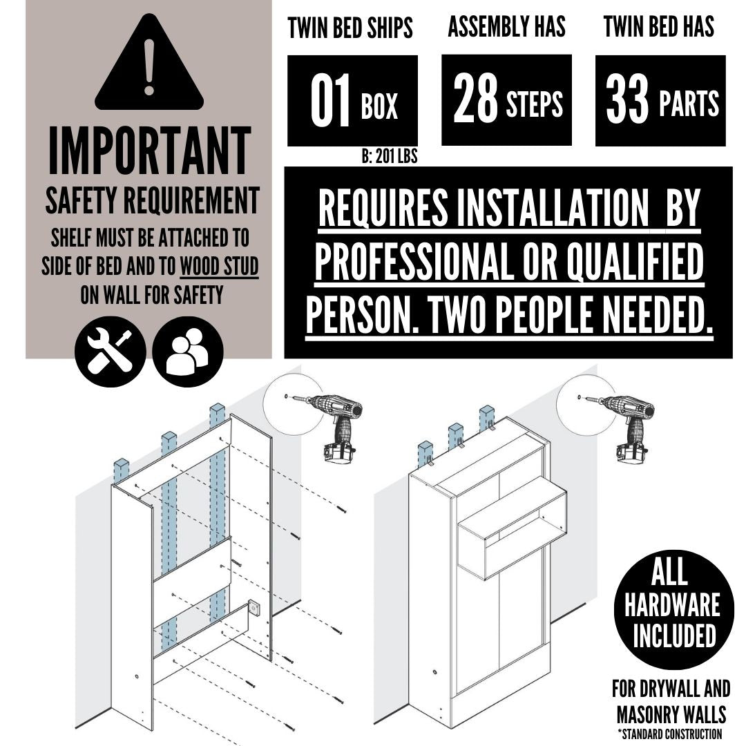 Easy-Lift Twin Murphy Wall Bed in Dark Grey with Bookshelf - Sharicks