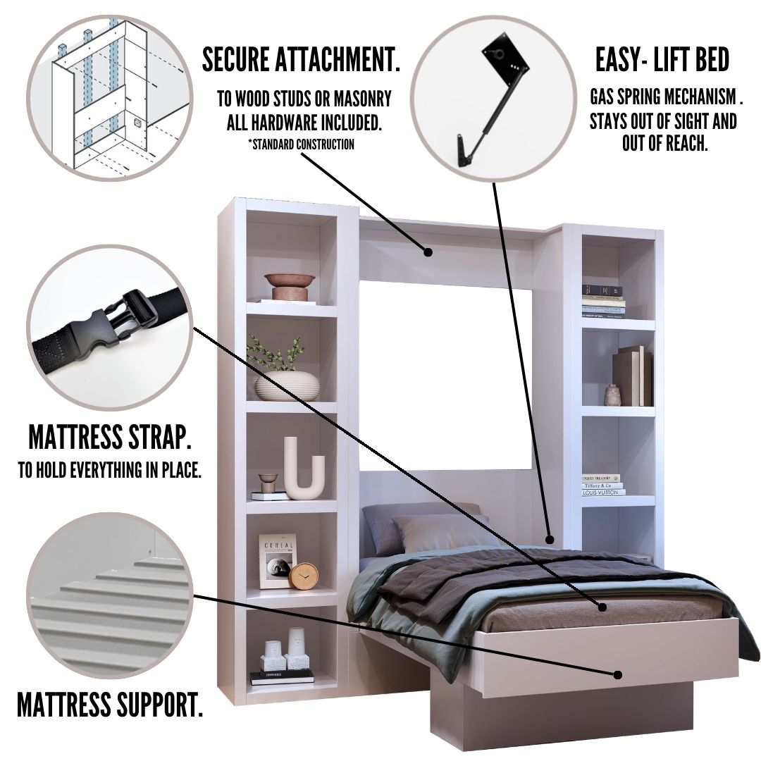 White Twin Murphy Bed with Bookshelves - Sharicks