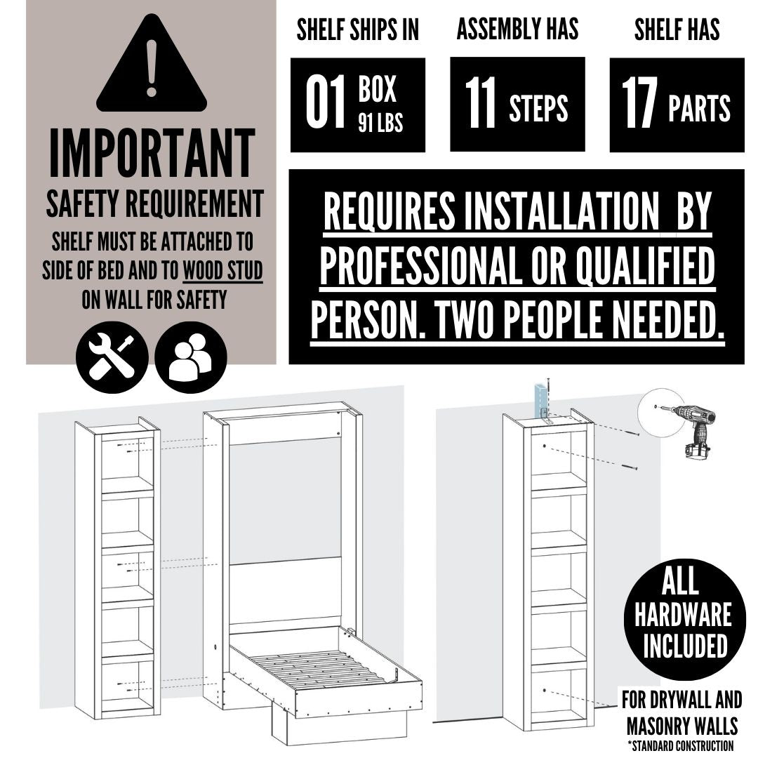 Easy-Lift Twin Murphy Wall Bed in Dark Grey with Two Bookshelves - Sharicks