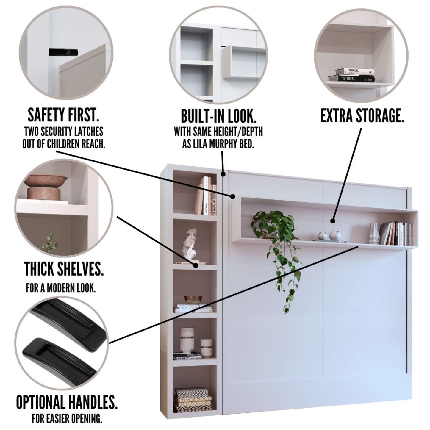 Easy-Lift King Murphy Wall Bed in White with Bookshelf