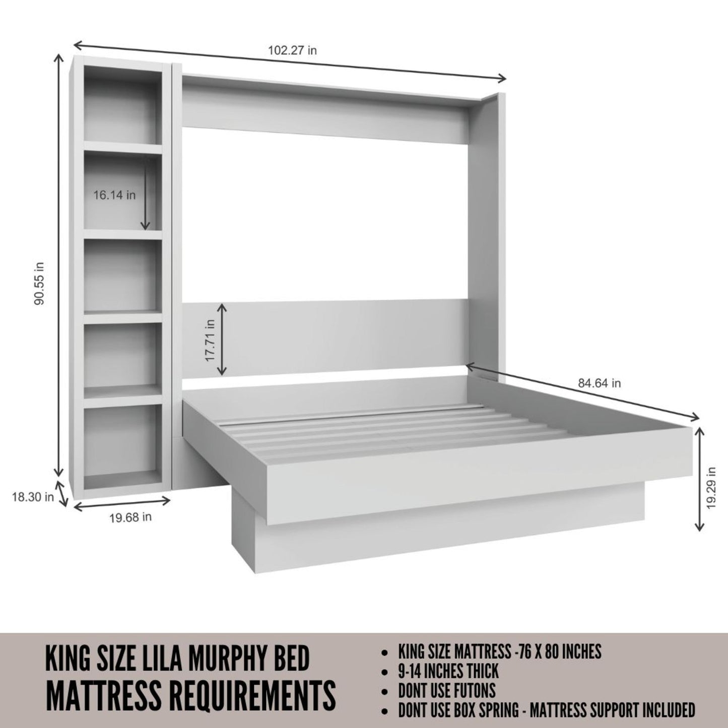 Easy-Lift King Murphy Wall Bed in Black with Bookshelf