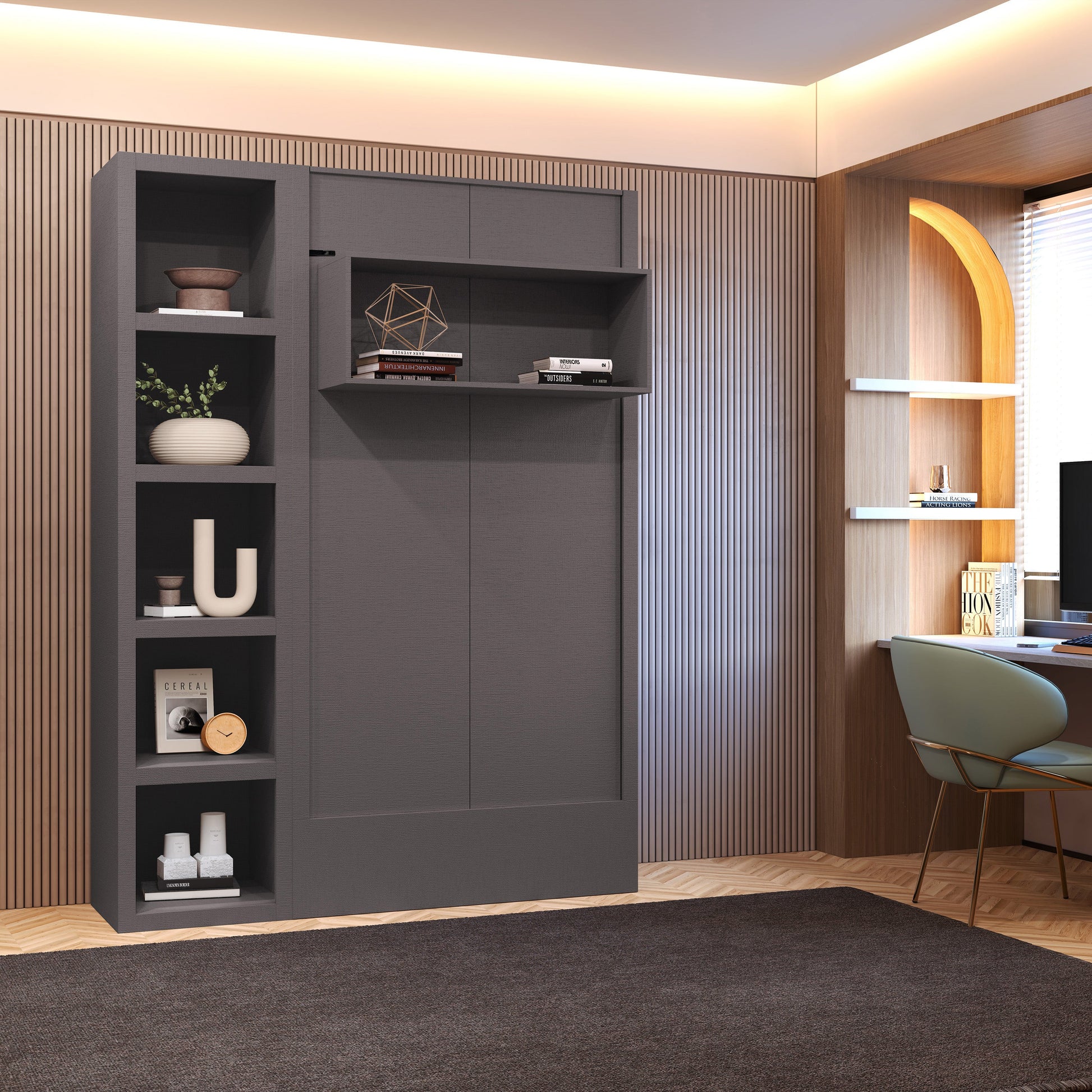 Easy-Lift Twin Murphy Wall Bed in Dark Grey with Bookshelf - Sharicks