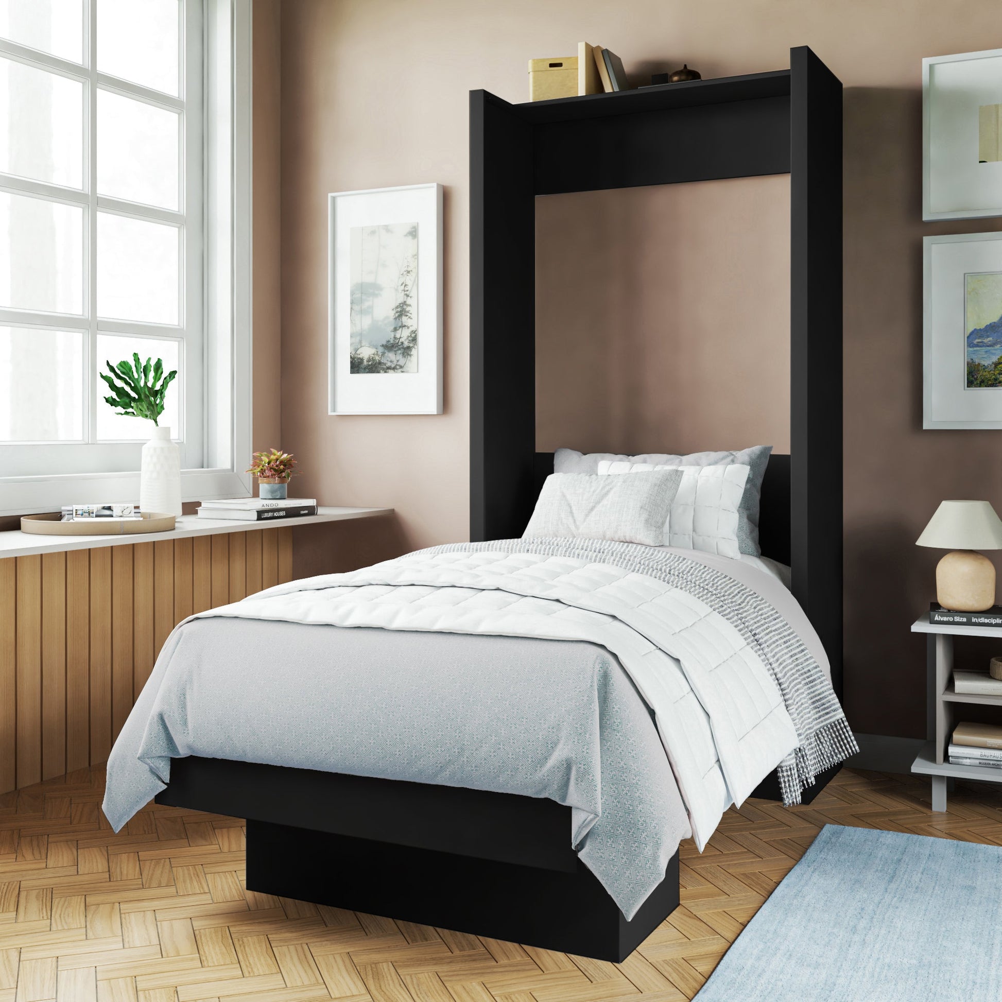 Easy-Lift Twin Murphy Wall Bed in Black with Shelf - Sharicks