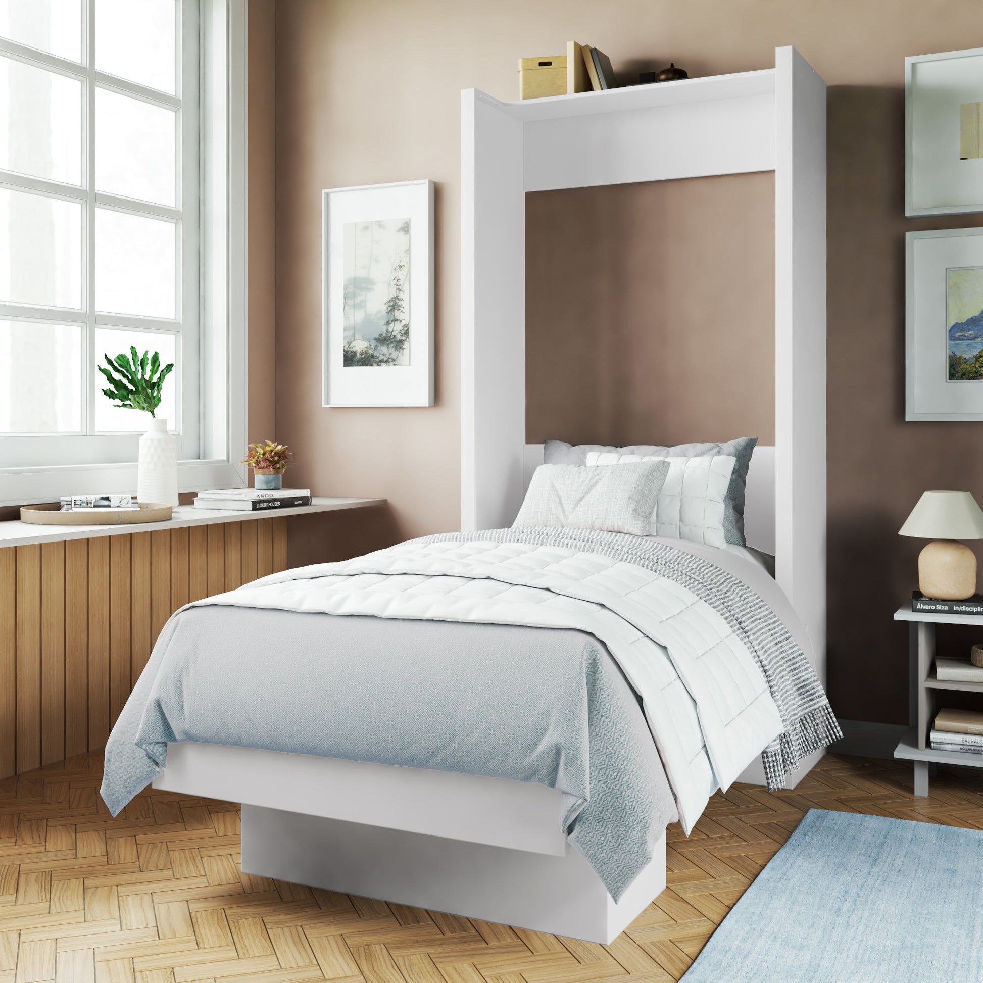 Easy-Lift Twin Murphy Wall Bed in White with Shelf - Sharicks