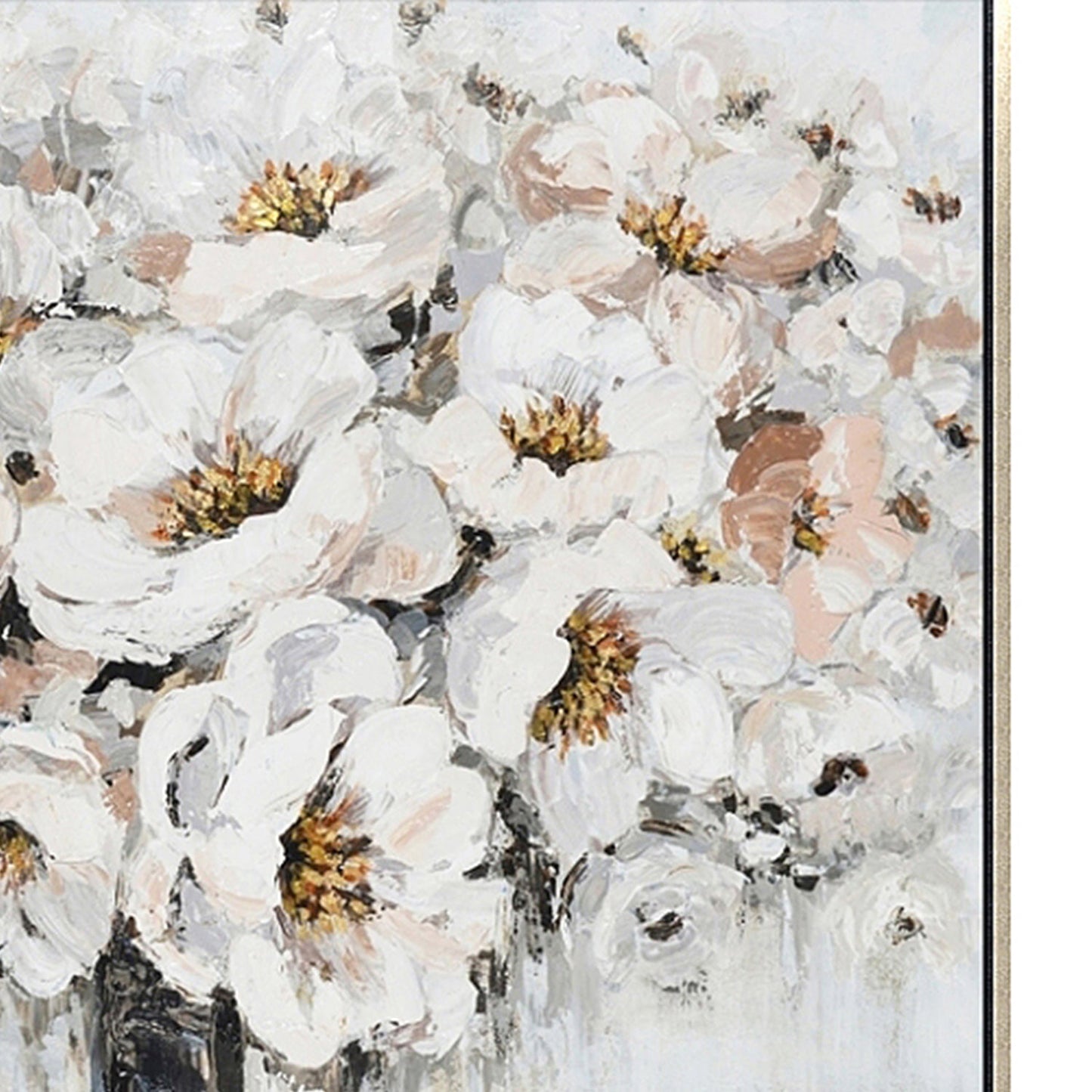 Hand Painted Acrylic Wall Art White Bouquet in Vase on a 39 x 39 Square Canvas with a Champagne Wooden Frame - Sharicks