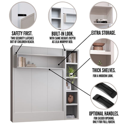 Easy-Lift Full Murphy Wall Bed in White with Bookshelf - Sharicks