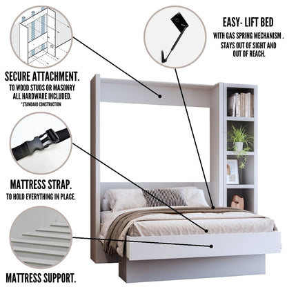 Easy-Lift Full Murphy Wall Bed in White with Bookshelf - Sharicks