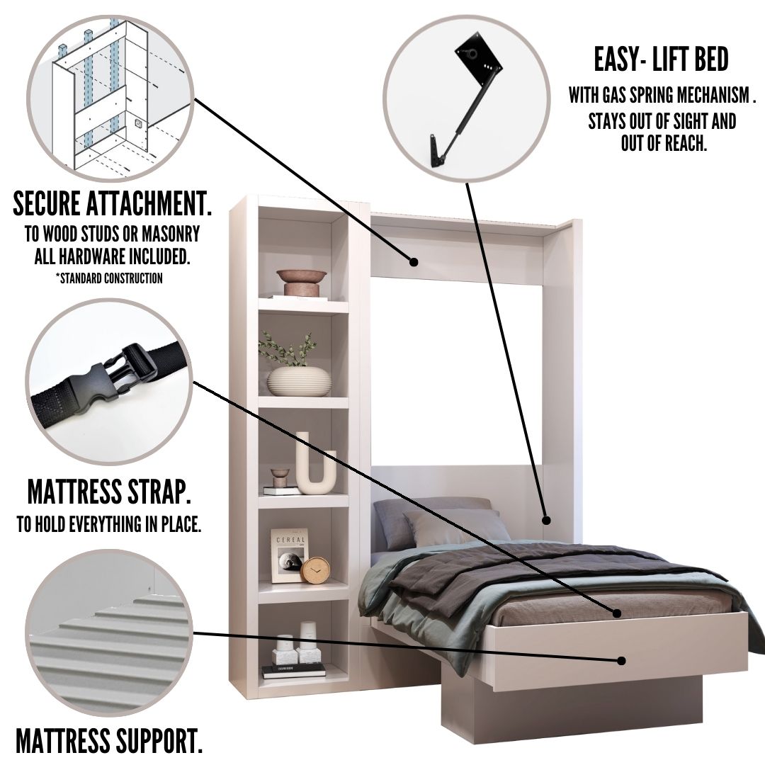 Easy-Lift Twin Murphy Wall Bed in Natural Brown Wood Grain with Bookshelf - Sharicks