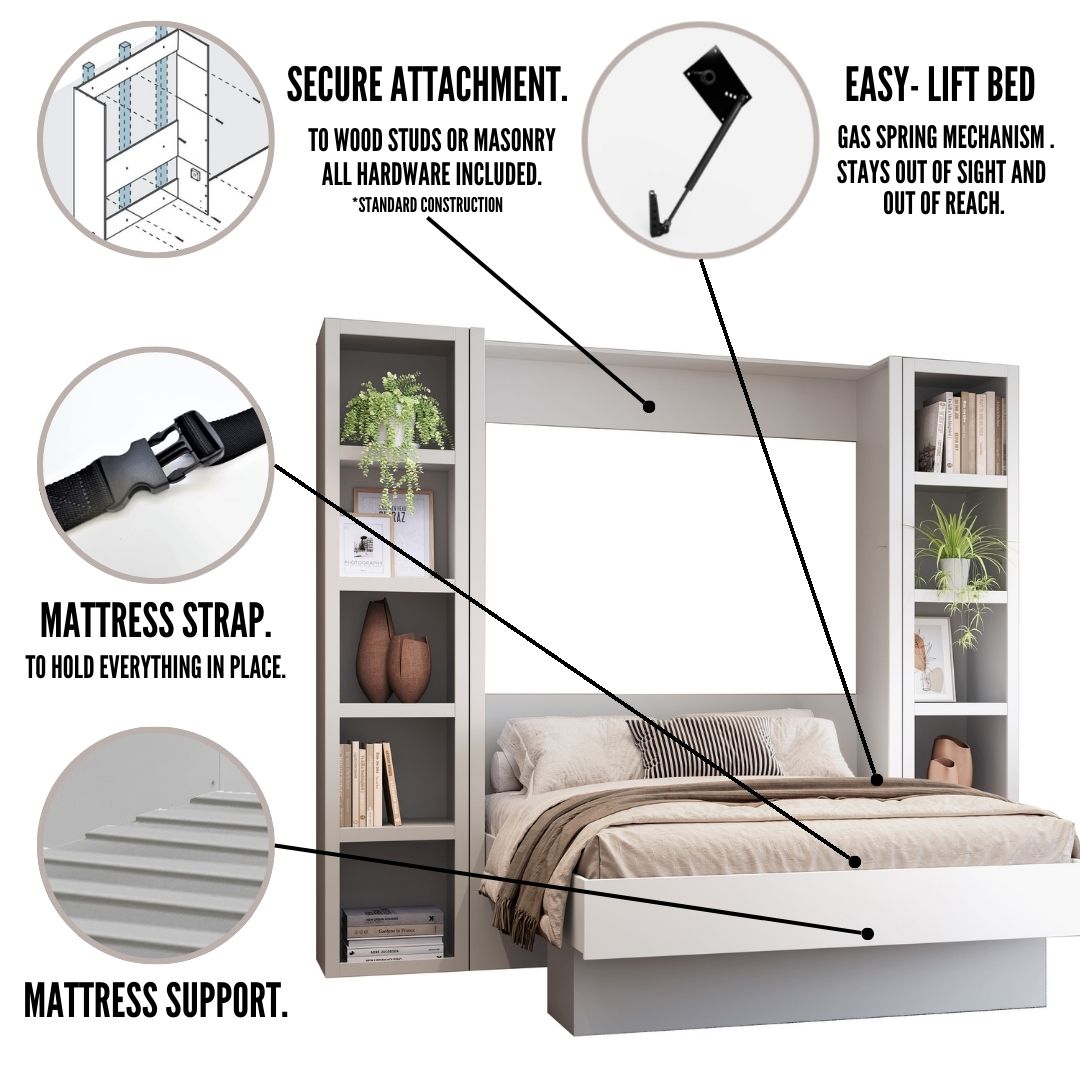 Easy-Lift Full Murphy Wall Bed in Black with Two Bookshelves - Sharicks