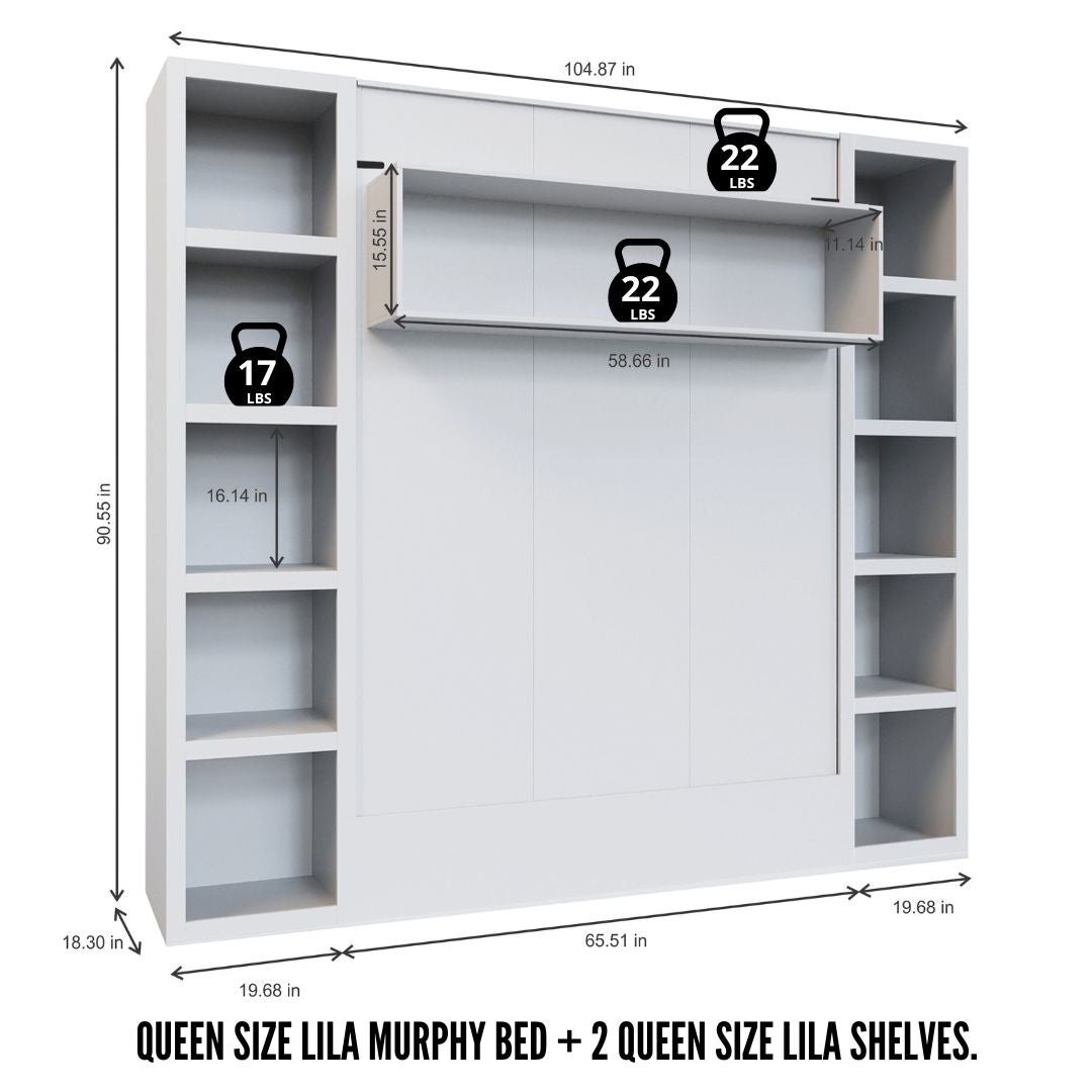 Easy-Lift Queen Murphy Wall Bed in White with Two Bookshelves - Sharicks