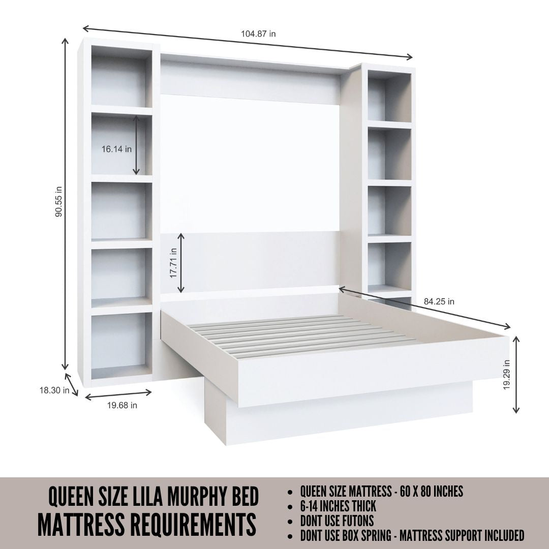 Easy-Lift Queen Murphy Wall Bed in White with Two Bookshelves - Sharicks