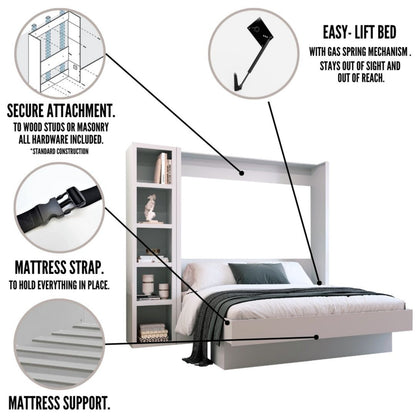 Easy-Lift King Murphy Wall Bed in White with Bookshelf