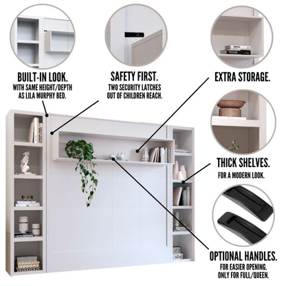 Easy-Lift King Murphy Wall Bed in White with Two Bookshelves