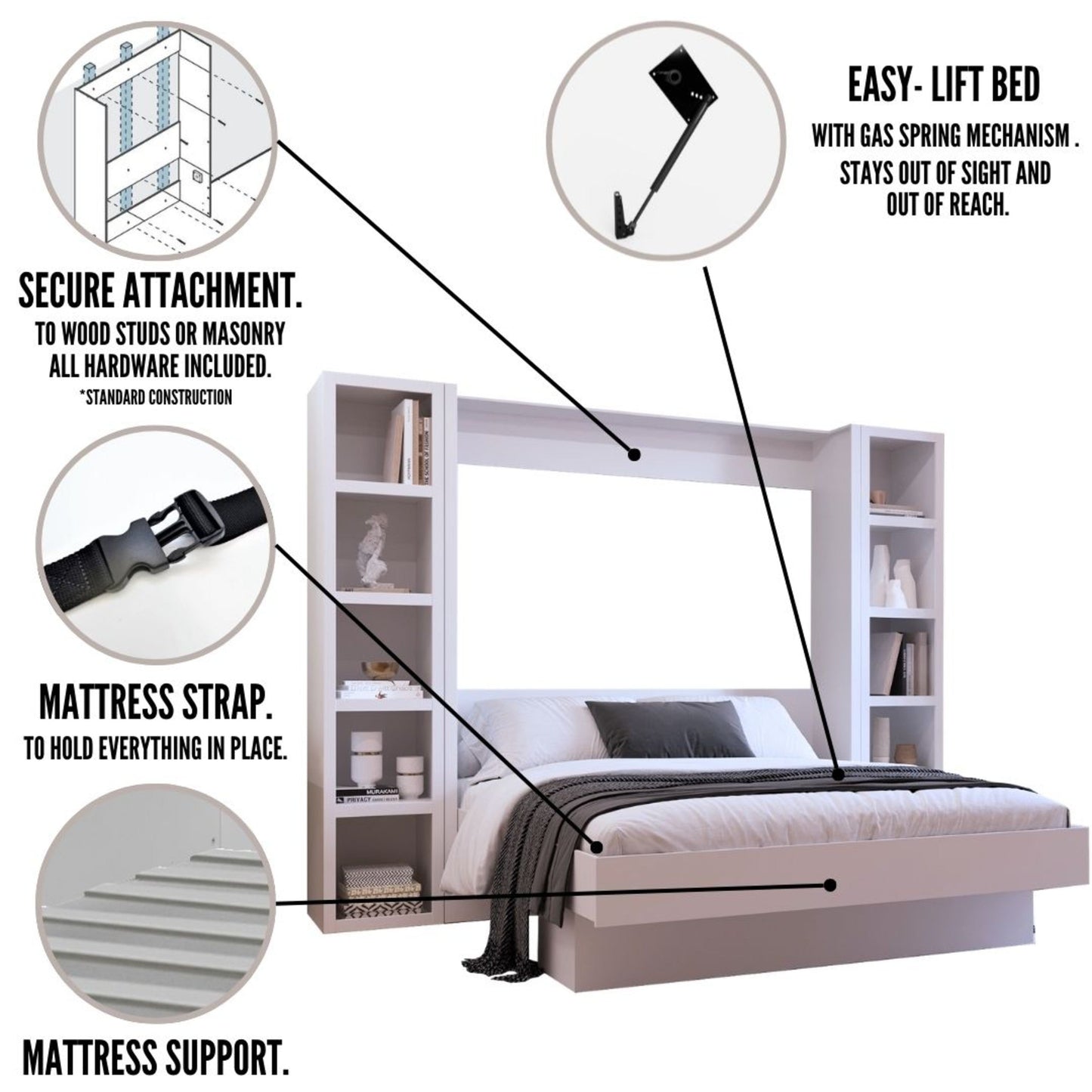 Easy-Lift King Murphy Wall Bed in Black with Two Bookshelves