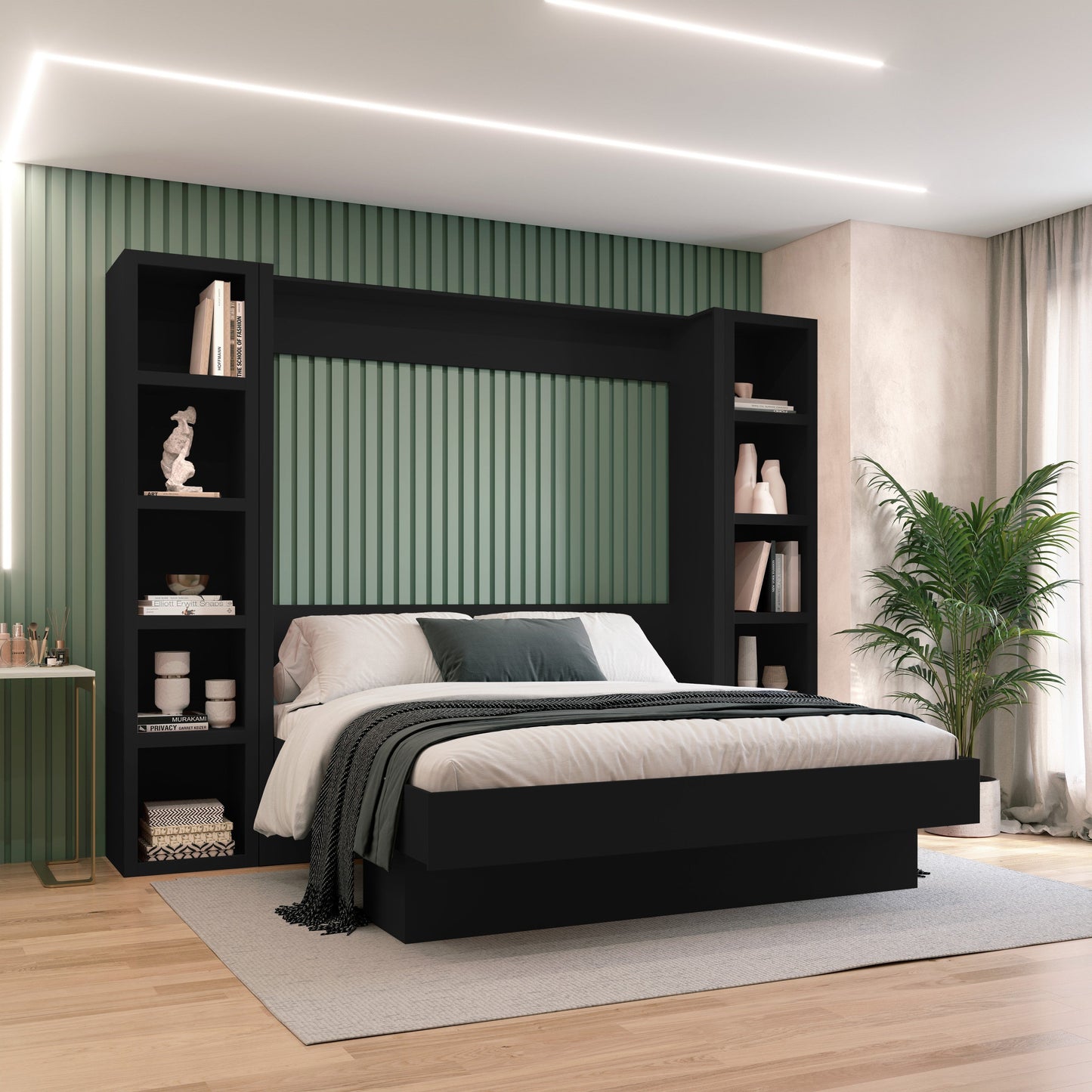 Easy-Lift King Murphy Wall Bed in Black with Two Bookshelves