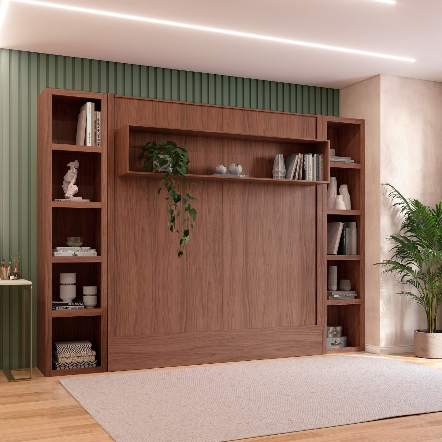 Easy-Lift King Murphy Wall Bed in Brown with Two Bookshelves