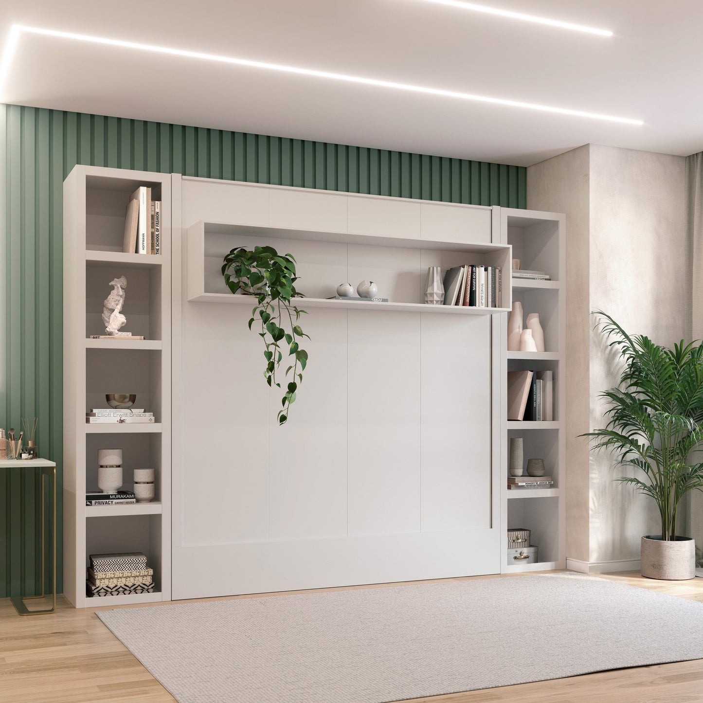 Easy-Lift King Murphy Wall Bed in White with Two Bookshelves