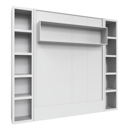 Easy-Lift King Murphy Wall Bed in White with Two Bookshelves