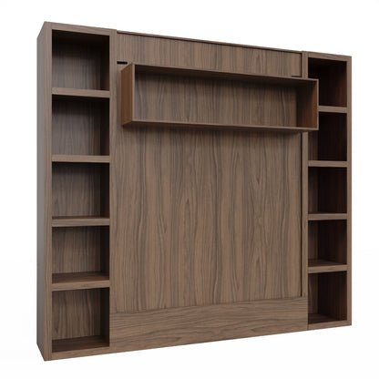 Easy-Lift Queen Murphy Wall Bed in Brown Wood Grain with Two Bookshelves - Sharicks