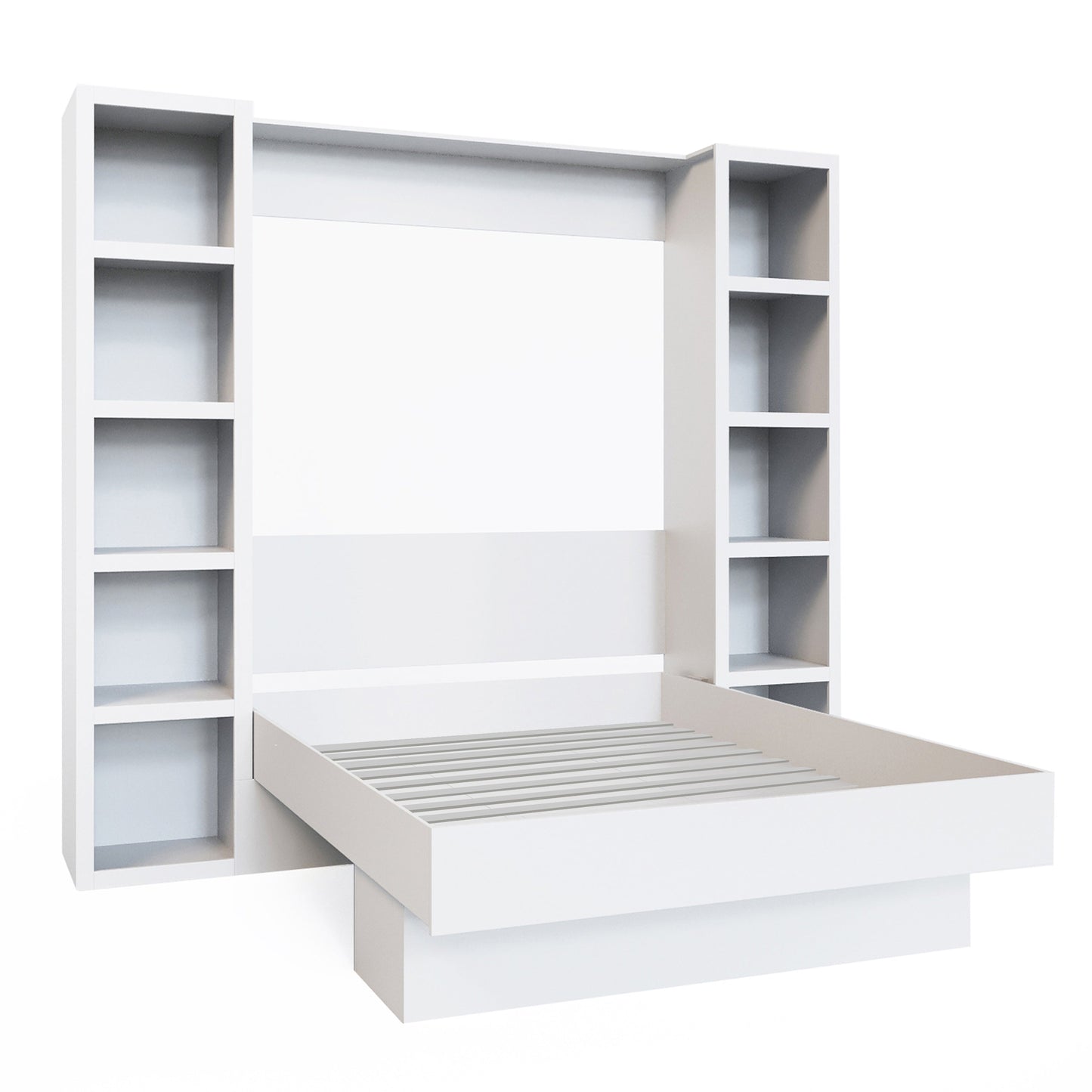 Easy-Lift Queen Murphy Wall Bed in White with Two Bookshelves - Sharicks