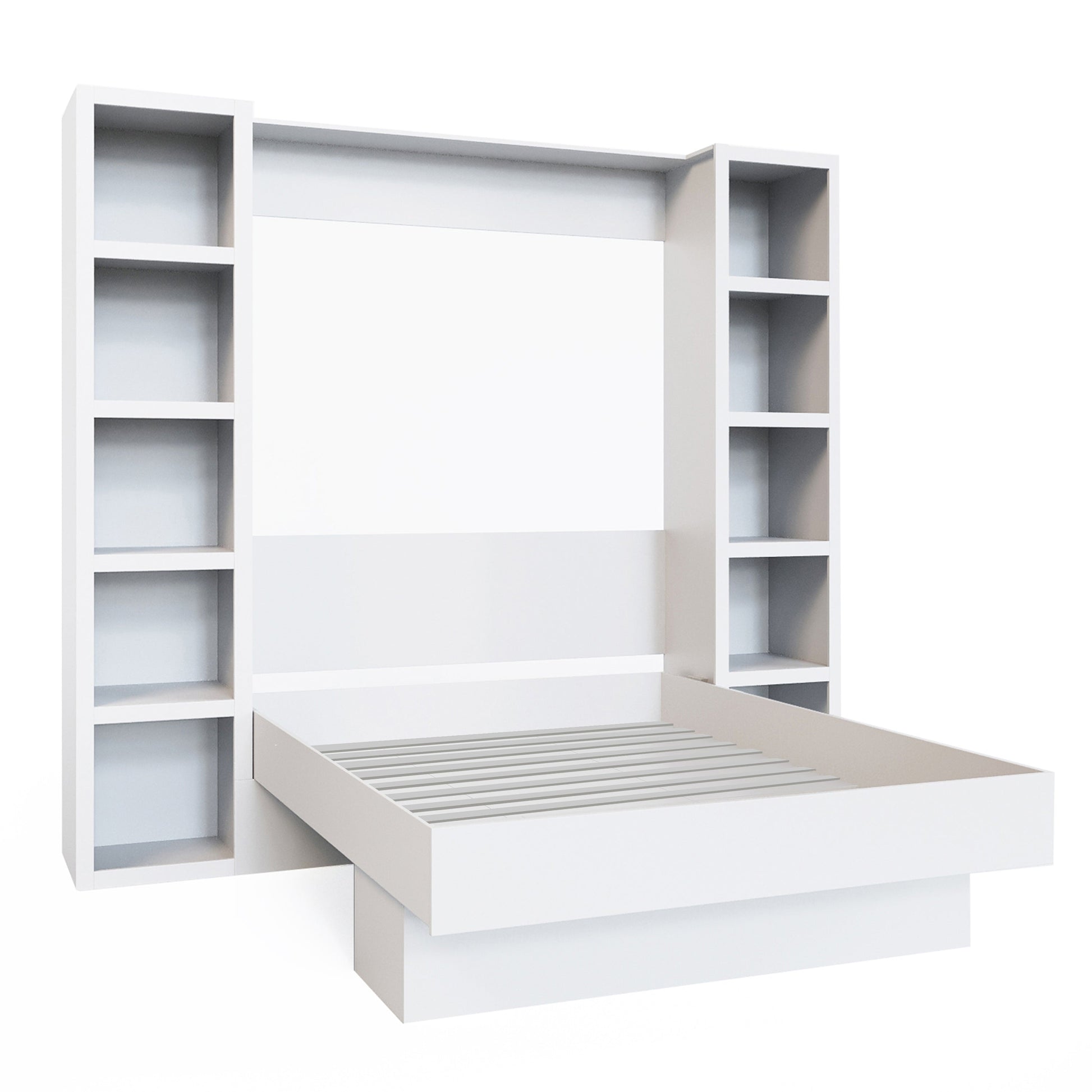 Easy-Lift Queen Murphy Wall Bed in White with Two Bookshelves - Sharicks