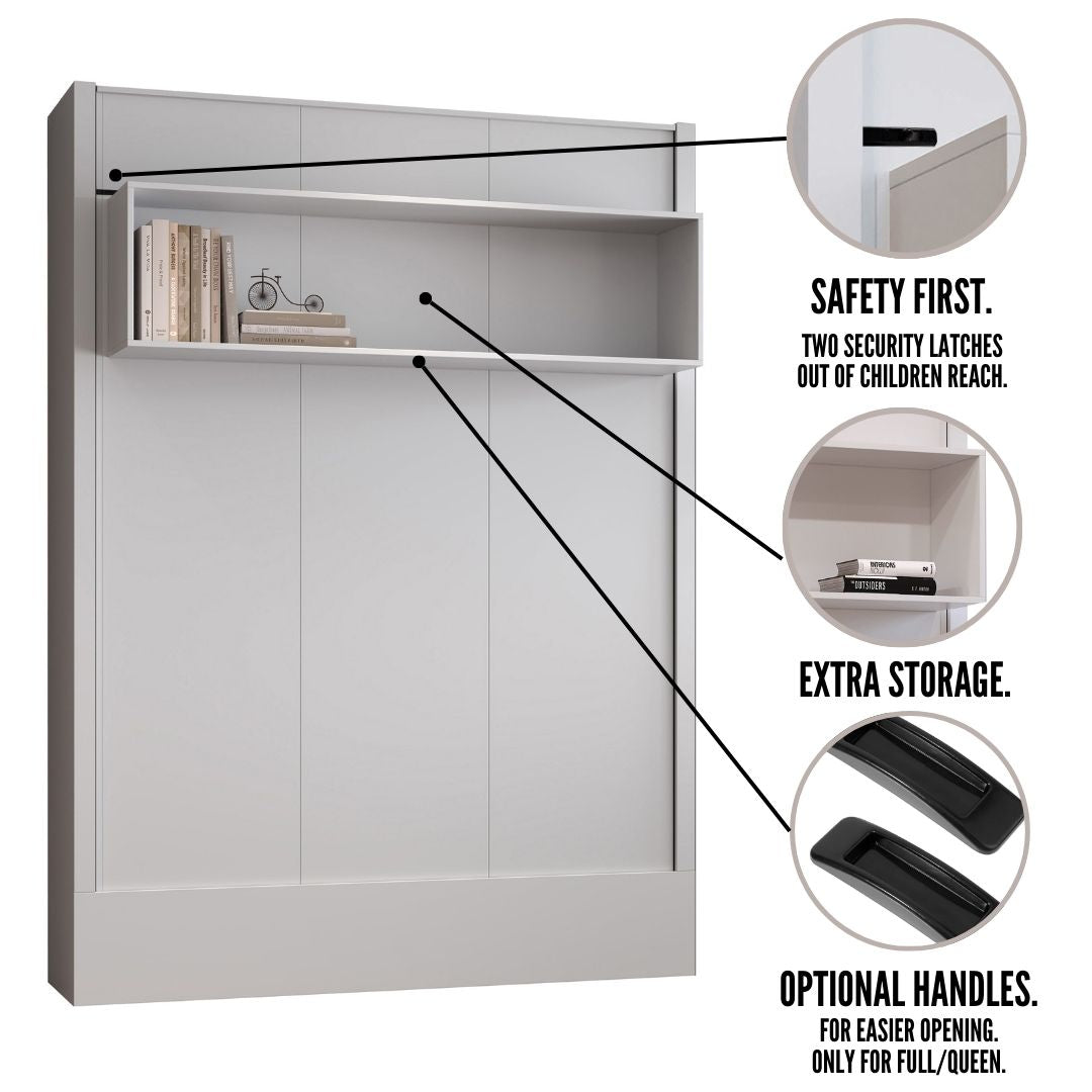 Easy-Lift Queen Murphy Wall Bed in White with Shelf - Sharicks