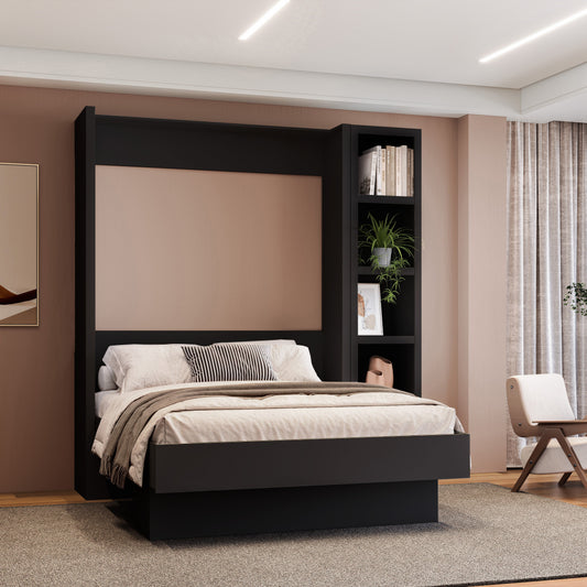 Easy-Lift Full Murphy Wall Bed in Black with Bookshelf - Sharicks