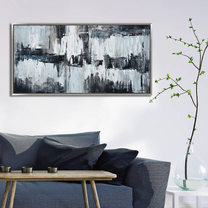 Hand Painted Acrylic Wall Art Black and Grey Abstract on a 59 x 30 Rectangular Canvas with a Silver Wooden Frame - Sharicks