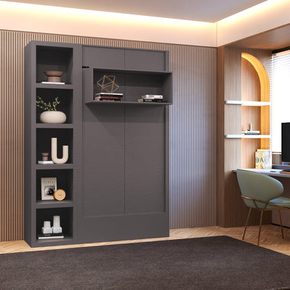 Easy-Lift Twin Murphy Wall Bed in Dark Grey with Bookshelf - Sharicks