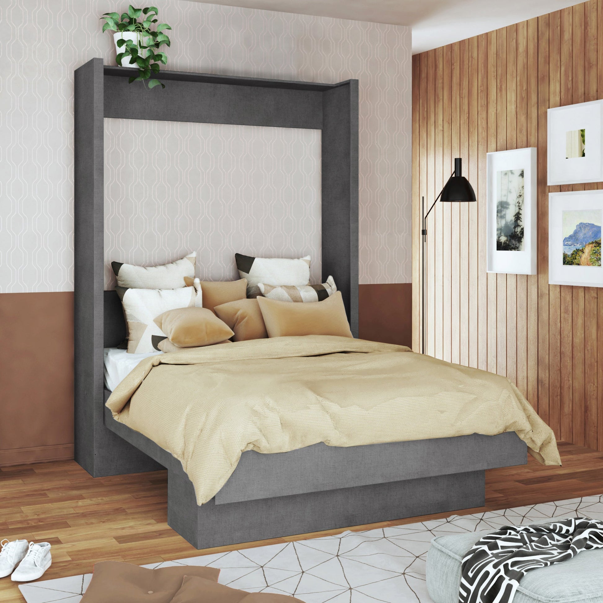 Easy-Lift Queen Murphy Wall Bed in Dark Grey with Shelf - Sharicks
