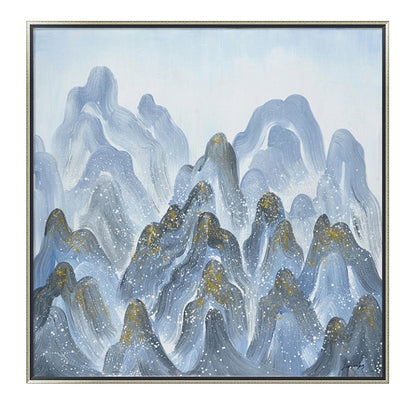 Hand Painted Acrylic Wall Art Blue Mountains on a 39 x 39 Square Canvas with a Silver Wooden Frame - Sharicks