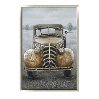 Hand Painted Acrylic and Aluminum 3D Wall Art Vintage Truck 39 x 59 Rectangular Canvas with a Grey Wooden Frame - Sharicks