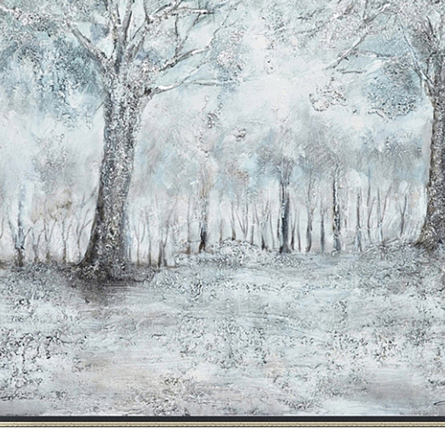 Hand Painted Acrylic Wall Art Snowy Forrest on a 39 x 39 Square Canvas with a Silver Wooden Frame - Sharicks