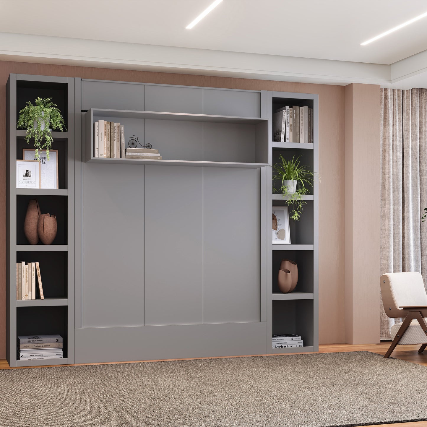 Easy-Lift Full Murphy Wall Bed in Grey with Two Bookshelves - Sharicks