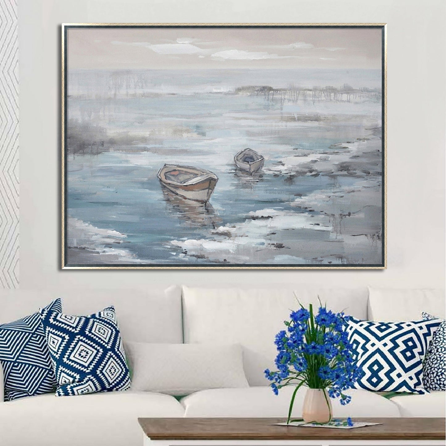 Hand Painted Acrylic Wall Art Ocean with Boats on a 47 x 35 Rectangular Canvas with a Silver Wooden Frame - Sharicks