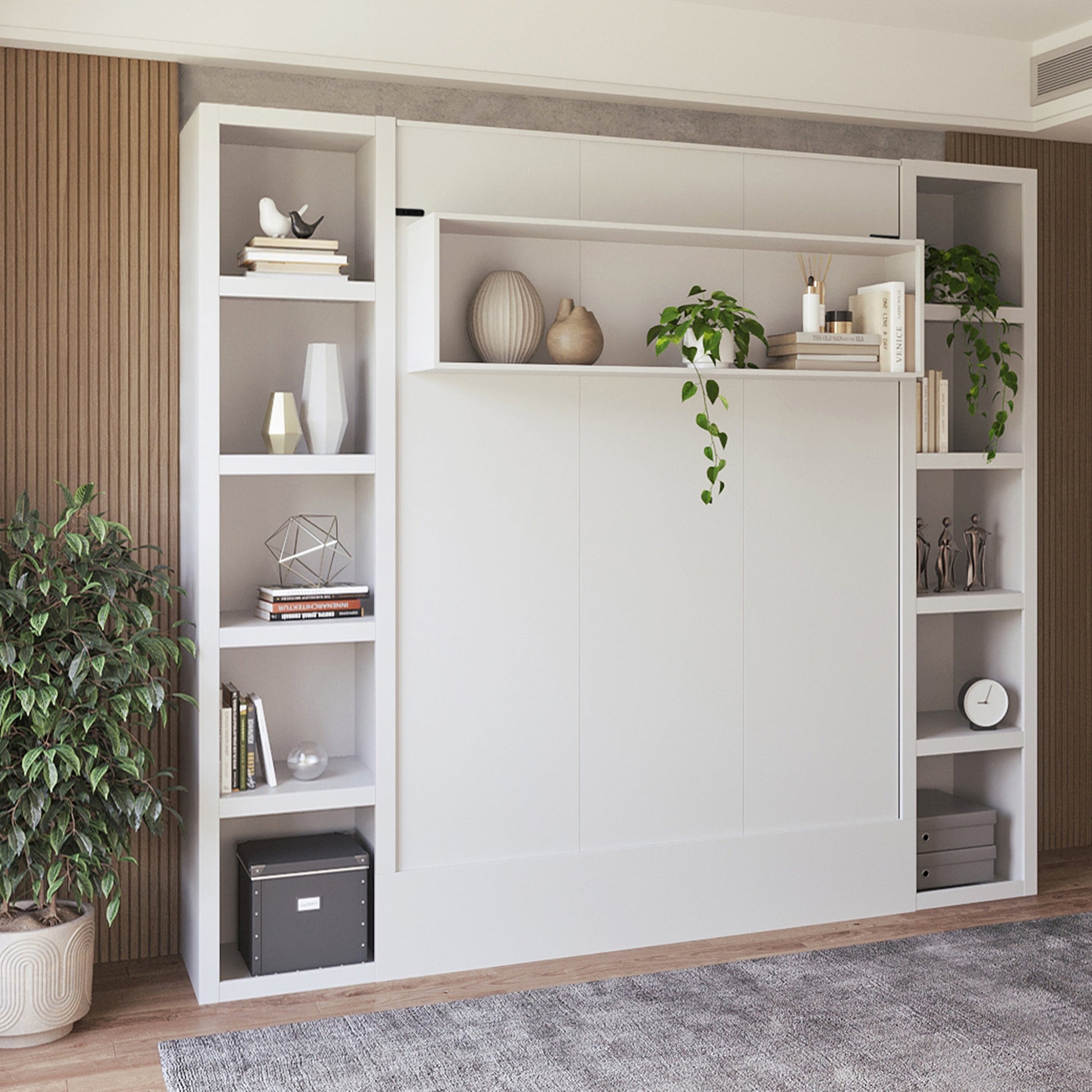 Easy-Lift Queen Murphy Wall Bed in White with Two Bookshelves - Sharicks