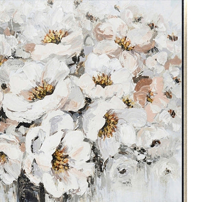 Hand Painted Acrylic Wall Art White Bouquet in Vase on a 39 x 39 Square Canvas with a Champagne Wooden Frame - Sharicks