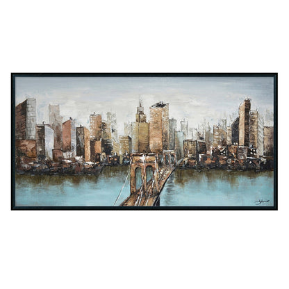 Hand Painted Acrylic Wall Art New York Cityscape on a 55 x 28 Rectangular Canvas with a Black Wooden Frame - Sharicks
