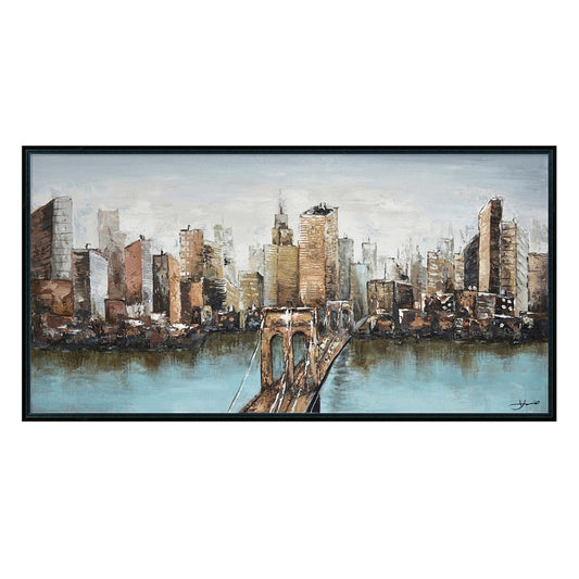 Hand Painted Acrylic Wall Art New York Cityscape on a 55 x 28 Rectangular Canvas with a Black Wooden Frame - Sharicks