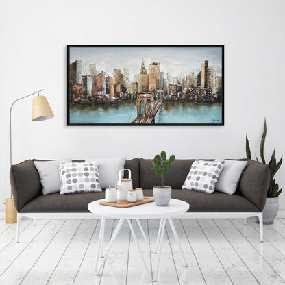 Hand Painted Acrylic Wall Art New York Cityscape on a 55 x 28 Rectangular Canvas with a Black Wooden Frame - Sharicks