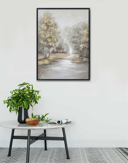 Hand Painted Acrylic Wall Art Landscape Golden Trees on a 35 x 47 Rectangular Canvas with a Black Wooden Frame - Sharicks