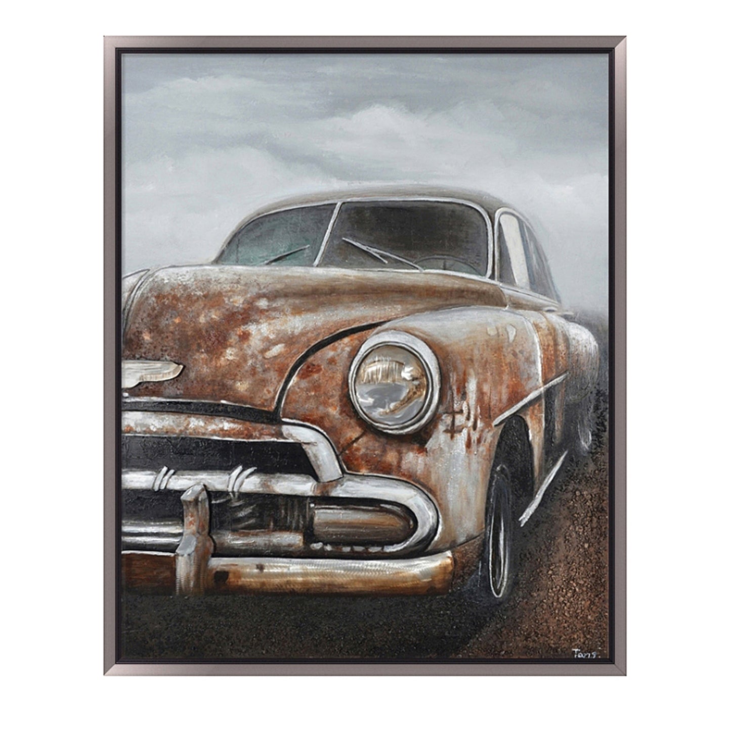 Hand Painted Acrylic and Aluminum 3D Wall Art Vintage Car 47 x 59 Rectangular Canvas with a Dark Brown Wooden Frame - Sharicks