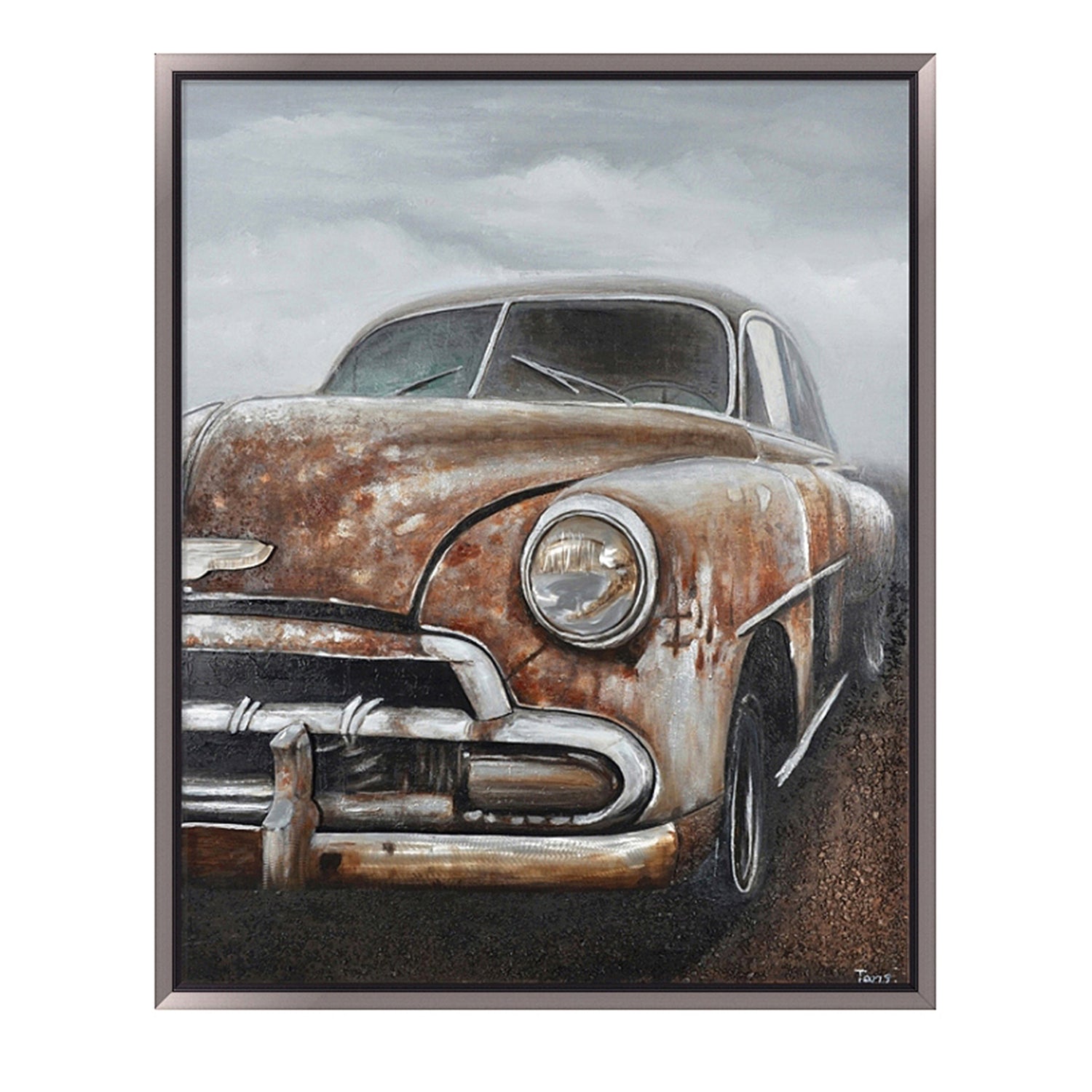 Hand Painted Acrylic and Aluminum 3D Wall Art Vintage Car 47 x 59 Rectangular Canvas with a Dark Brown Wooden Frame - Sharicks