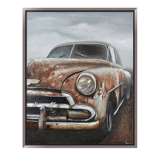 Hand Painted Acrylic and Aluminum 3D Wall Art Vintage Car 47 x 59 Rectangular Canvas with a Dark Brown Wooden Frame - Sharicks
