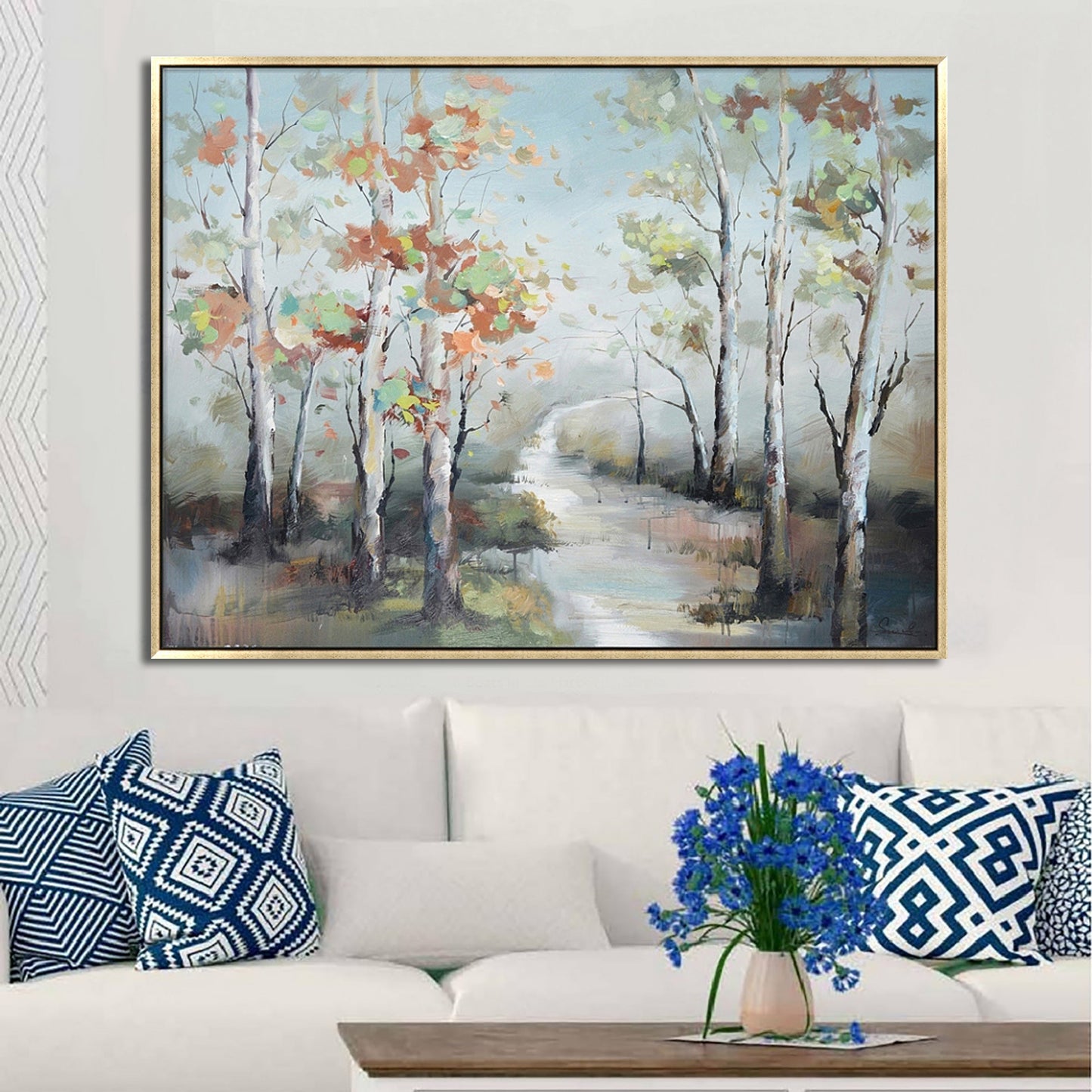 Hand Painted Acrylic Wall Art Fall Colorful Trees on a 47 x 35 Rectangular Canvas with a Gold Wooden Frame - Sharicks