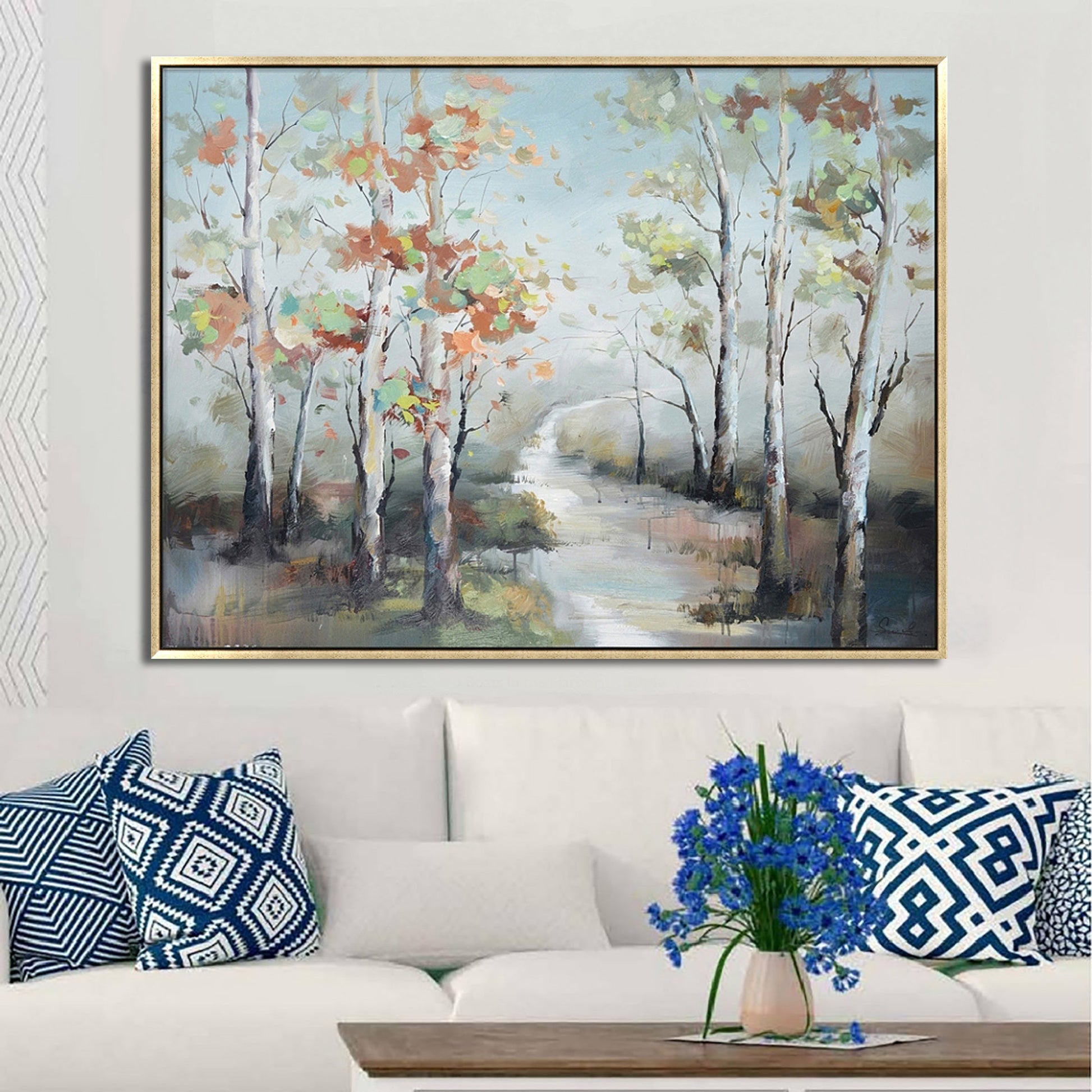 Hand Painted Acrylic Wall Art Fall Colorful Trees on a 47 x 35 Rectangular Canvas with a Gold Wooden Frame - Sharicks