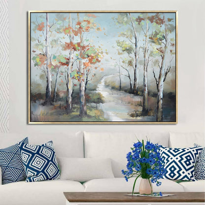 Hand Painted Acrylic Wall Art Fall Colorful Trees on a 47 x 35 Rectangular Canvas with a Gold Wooden Frame - Sharicks