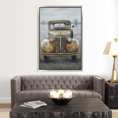 Hand Painted Acrylic and Aluminum 3D Wall Art Vintage Truck 39 x 59 Rectangular Canvas with a Grey Wooden Frame - Sharicks