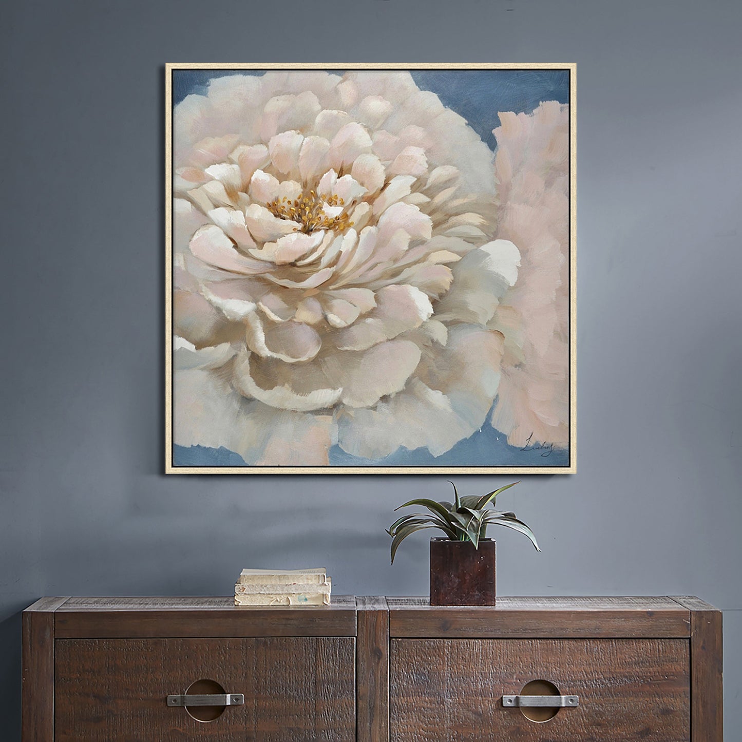 Hand Painted Acrylic Wall Art Pink Flower on a 39 x 39 Square Canvas with a Brown Wooden Frame - Sharicks