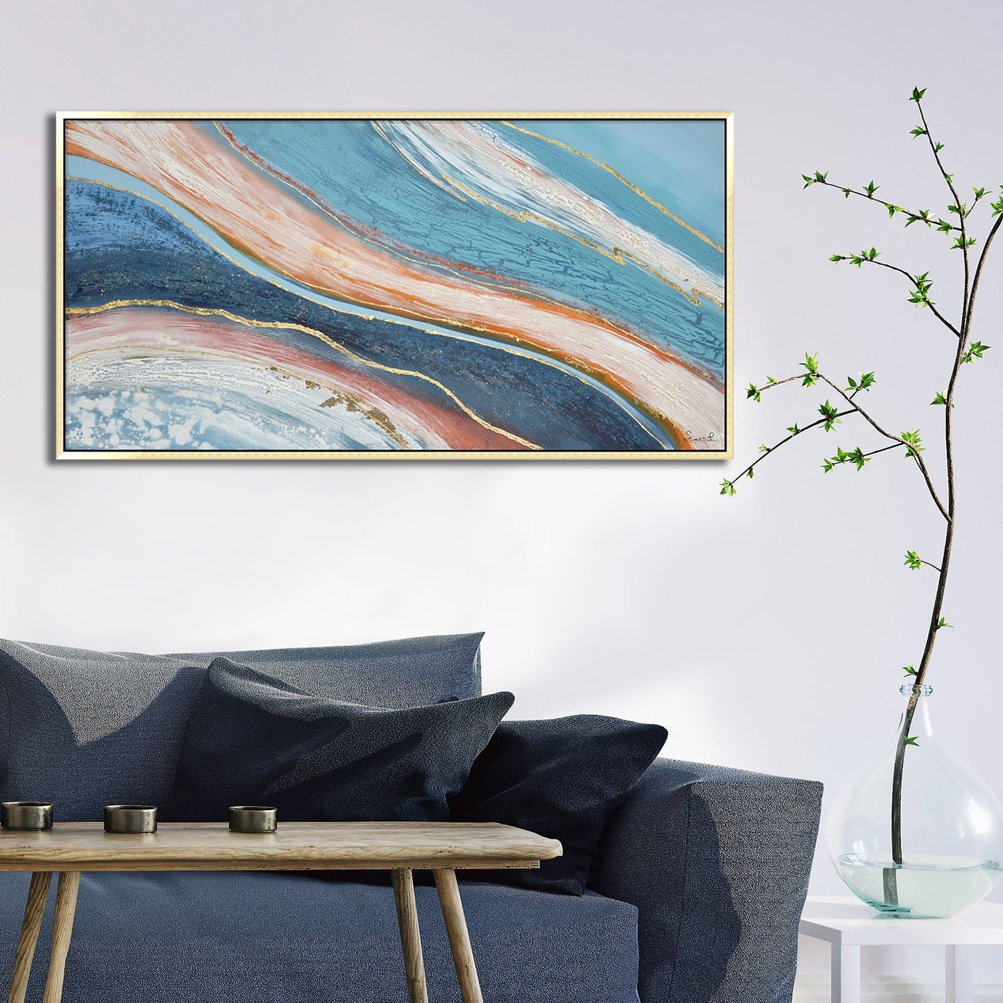 Hand Painted Acrylic Abstract Wall Art Blues and Reds on a 59 x 30 Rectangular Canvas with a Gold Wooden Frame - Sharicks
